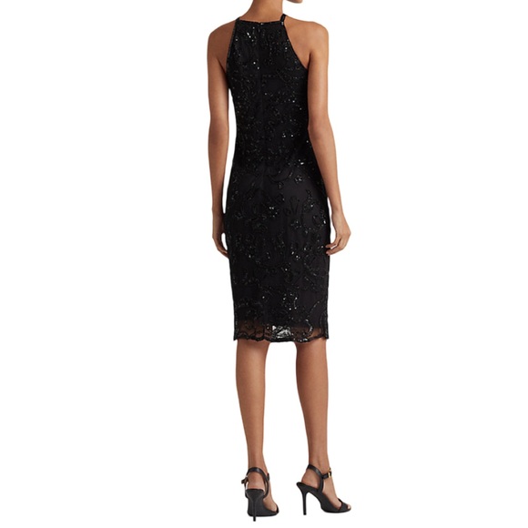 Lauren Ralph Lauren Women's Black Beaded Tulle Halter Cocktail Dress Size 16 - Picture 8 of 9